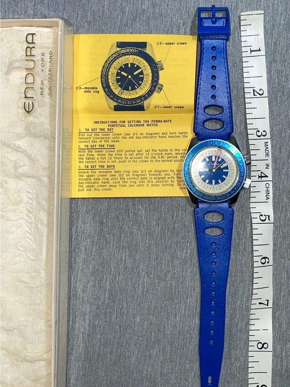Vintage 1970 Endura PermaDate Calendar Watch Blue NOS Working W Box, Paper & Pad